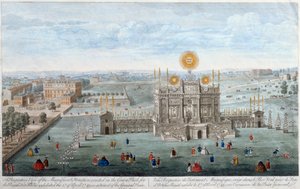 Een perspectivisch uitzicht op de prachtige structuur opgericht in Green Park voor het koninklijk vuurwerk, uitgegeven door Robert Wilkinson, 1749 door English School